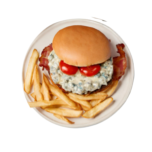 Blue Cheese, Bacon & Peppadew Burger served with Fries