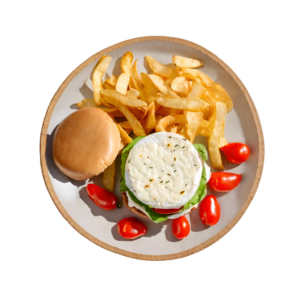Camembert Cheese & Pepperdew Burger served with Fries. Choice of Beef or Chicken