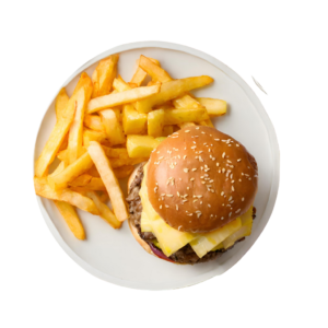 Cheddar Cheese & Pineapple Burger served with Fries. Choice of Beef or Chicken