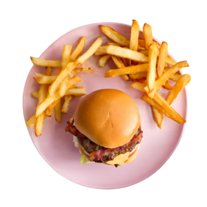 Cheddar Cheese & Bacon Burger served with Fries. Choice of Beef or Chicken