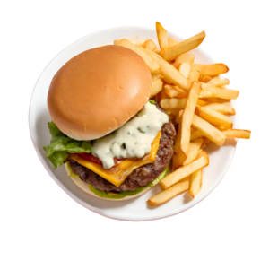 Cheddar Cheese Burger served with Fries. Choice of Beef or Chicken