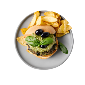 Cheese, Basil Pesto & Black Olives Burger served with Fries
