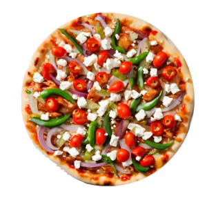 Chicken gourmet pizza with BBQ Chicken, Peppadews, Onions, Feta & Green Pepper