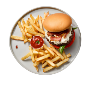 Feta Cheese & Bacon Burger served with Fries. Choice of Beef or Chicken