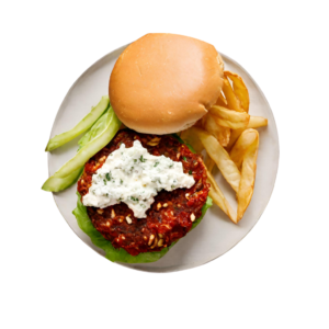 Feta Cheese & Sundried Tomato Burger served with Fries. Choice of Beef or Chicken