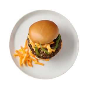 Jalapeno Chilli & Cheddar Cheese Burger served with Fries. Choice of Beef or Chicken