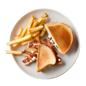 Toasted bacon & Feta served with Fries. White or Brown Bread