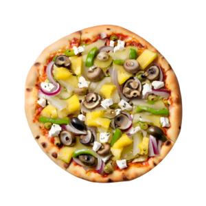 Vegetarian (Gourmet) pizza with Olives, Feta, Onions, Green Pepper, Pineapple & Mushrooms